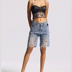 Women Colorful Diamond-Encrusted Denim Shorts Size 12 Blue Ripped Studded Fringe